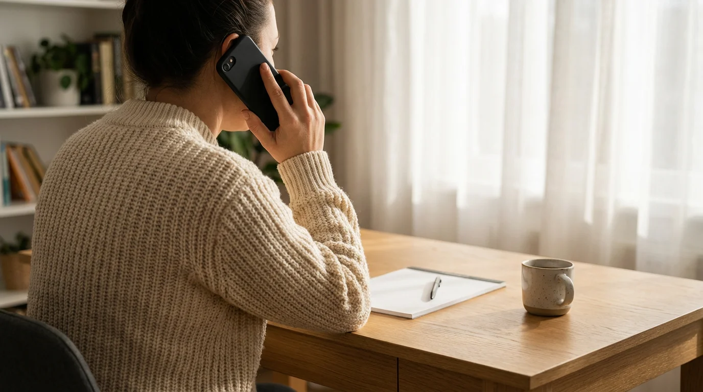 Person making an urgent phone call at a home desk in soft morning light.