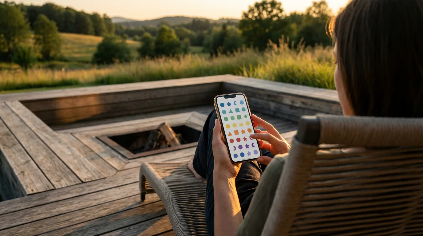 Person on a patio during golden hour viewing a phone screen with many abstract sharing icons.