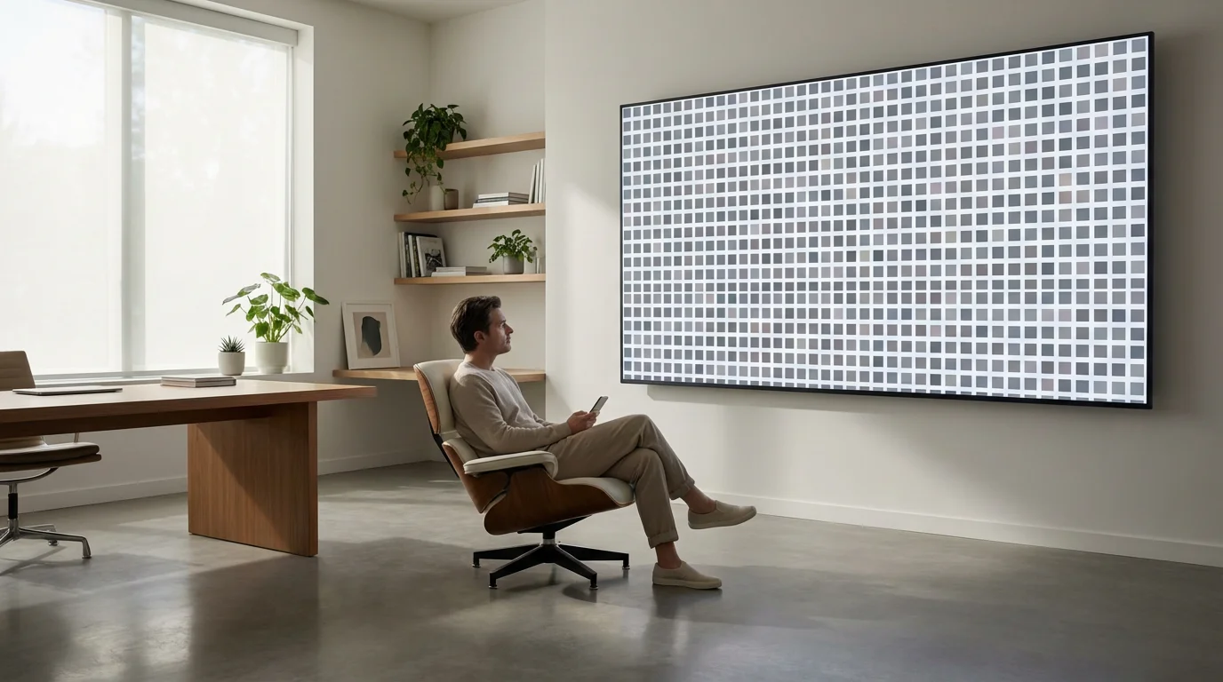 Person overwhelmed by thousands of abstract photo thumbnails displayed on a large screen, managing storage.