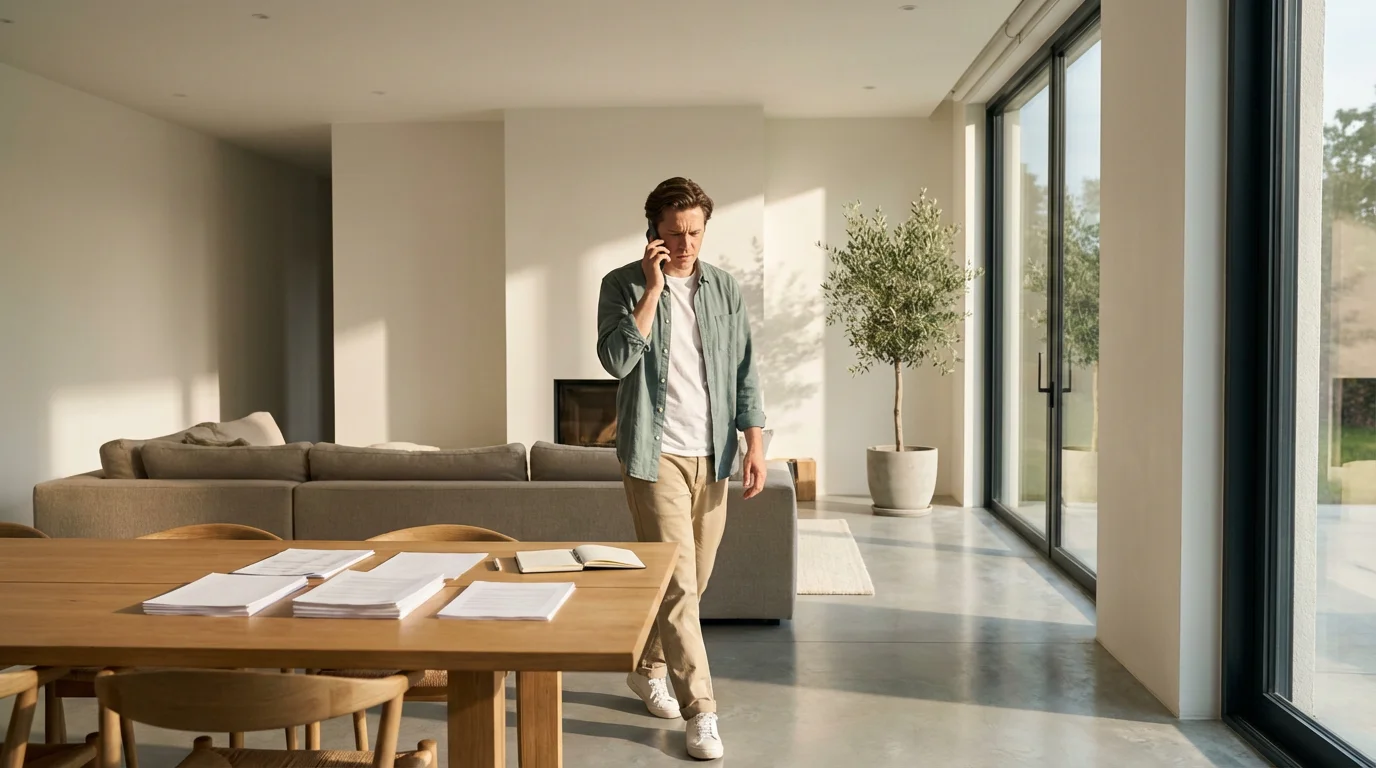 Person pacing in modern living room making urgent phone call to financial institution.