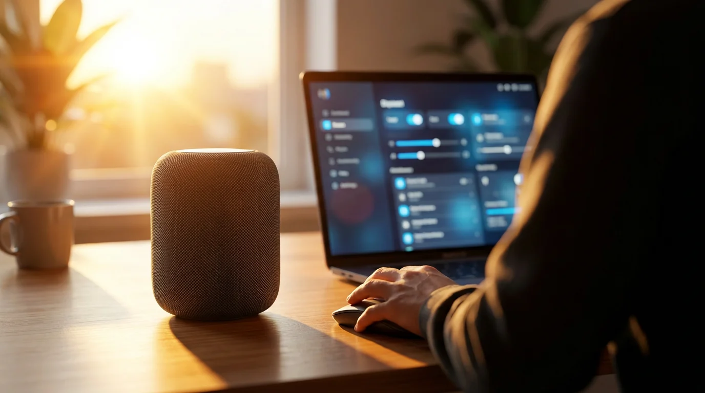 Person pairing a wireless Bluetooth speaker to a laptop computer in a home office.