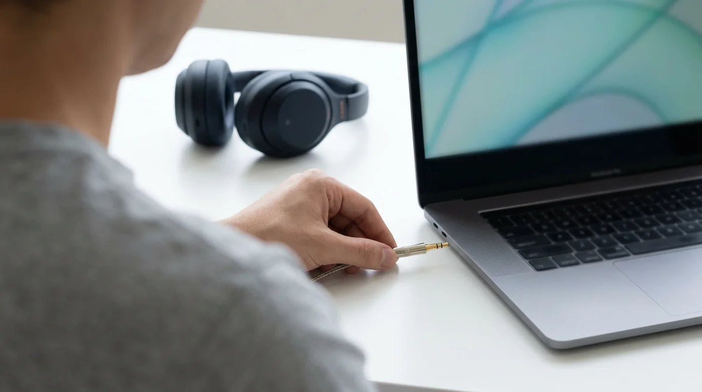Person plugging headphones into a laptop computer on a white desk.