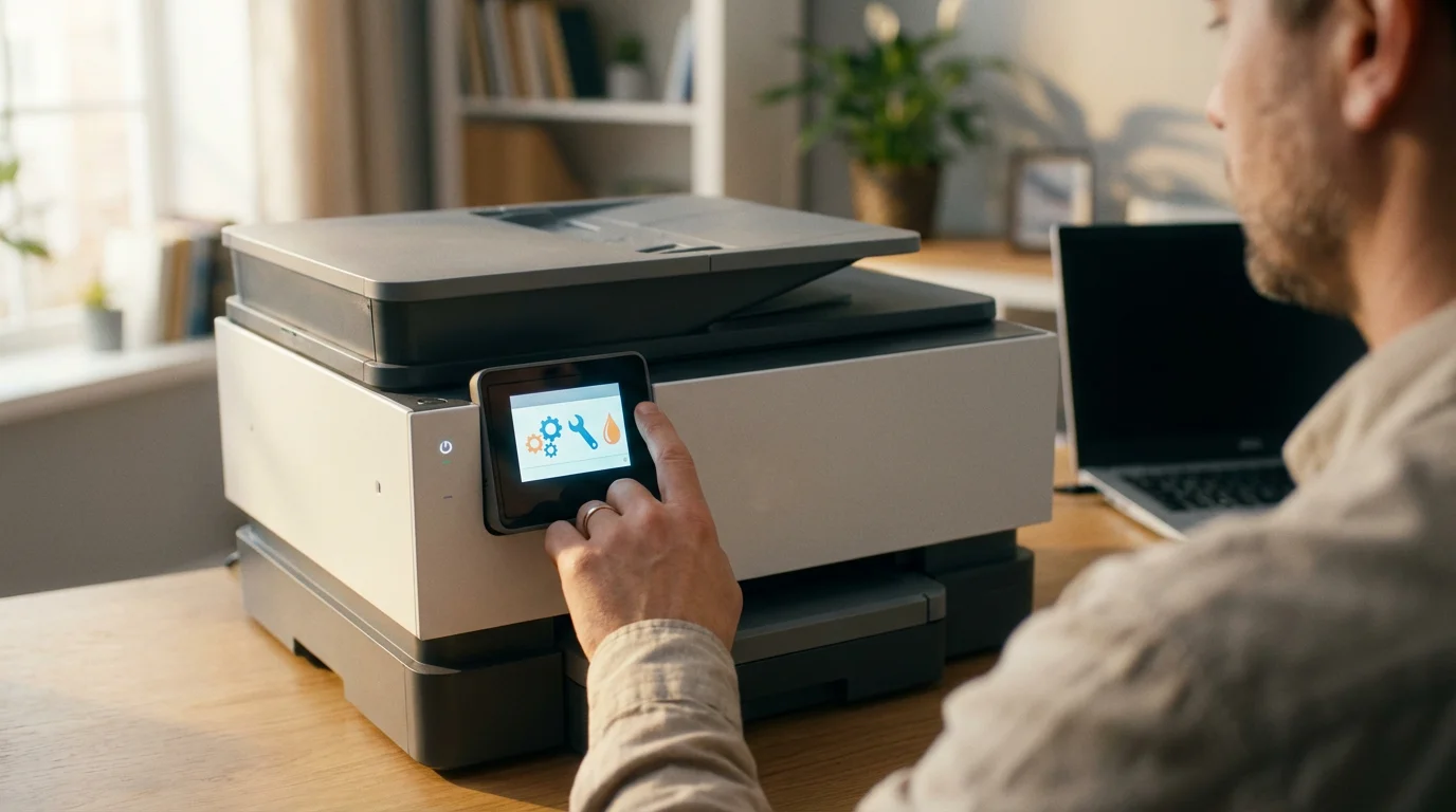 Person pressing button on printer control panel to start maintenance cycle.
