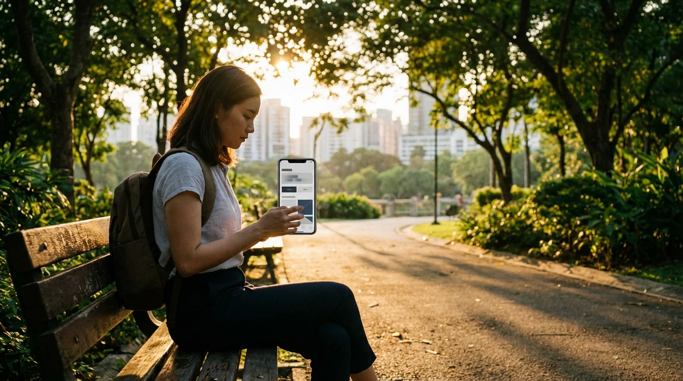 Person reviewing smartphone screen on a park bench during golden hour sunset.
