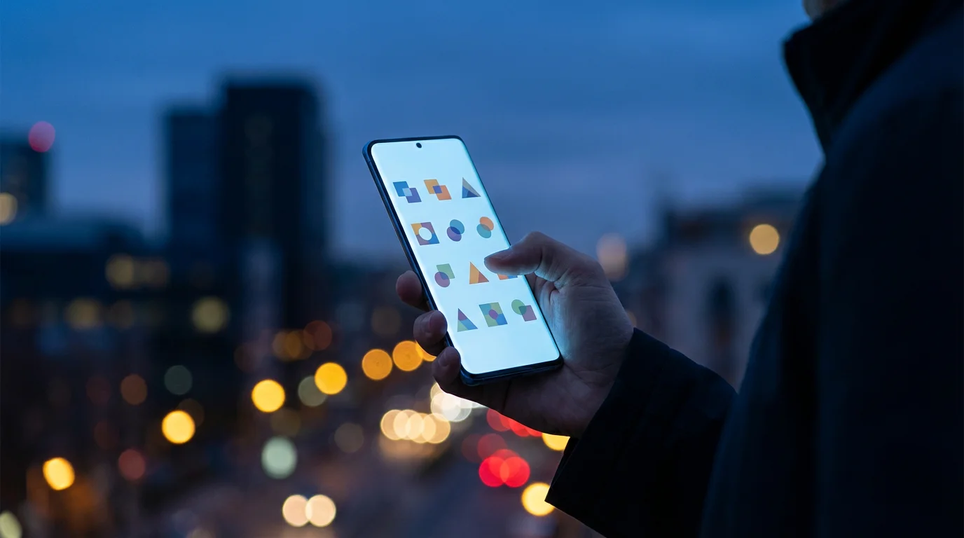 Person scrolling on smartphone outdoors at twilight with city lights in background.