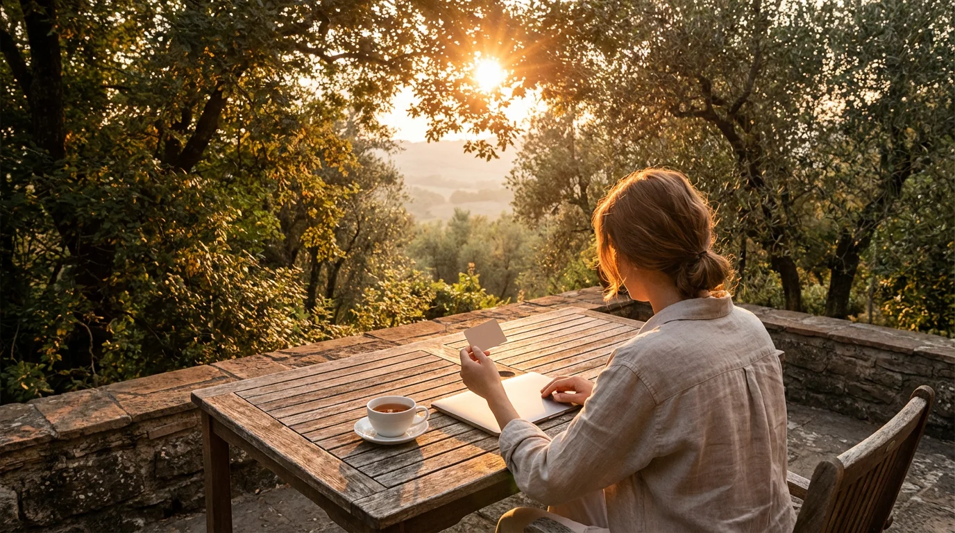 Person securely shopping online with laptop and card on a sunlit outdoor patio.