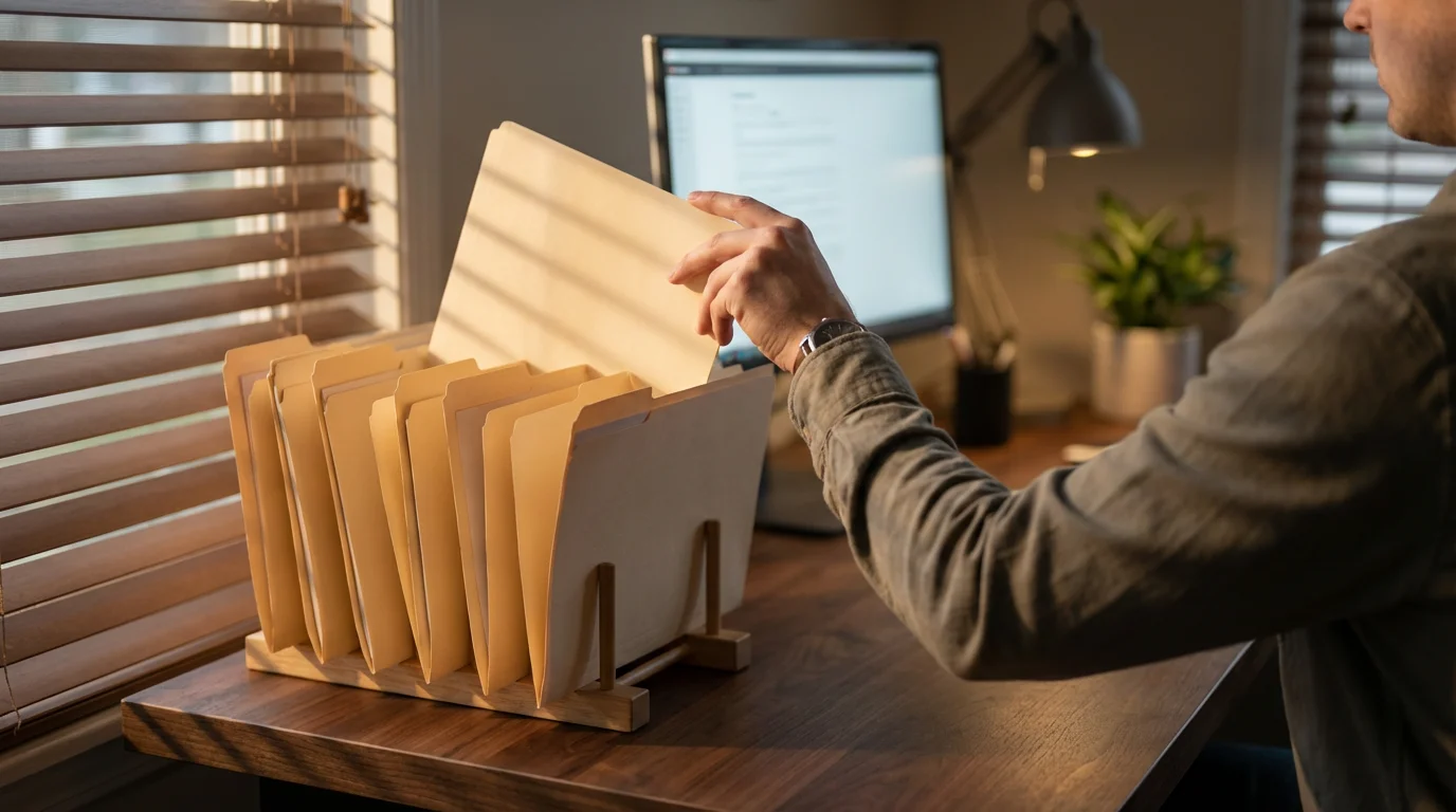 Person selecting a specific manila folder from a desktop organizer in afternoon light