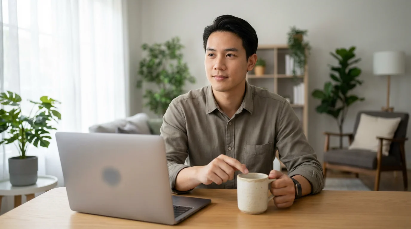 Person sitting at a desk thinking of a memorable password strategy with natural lighting.