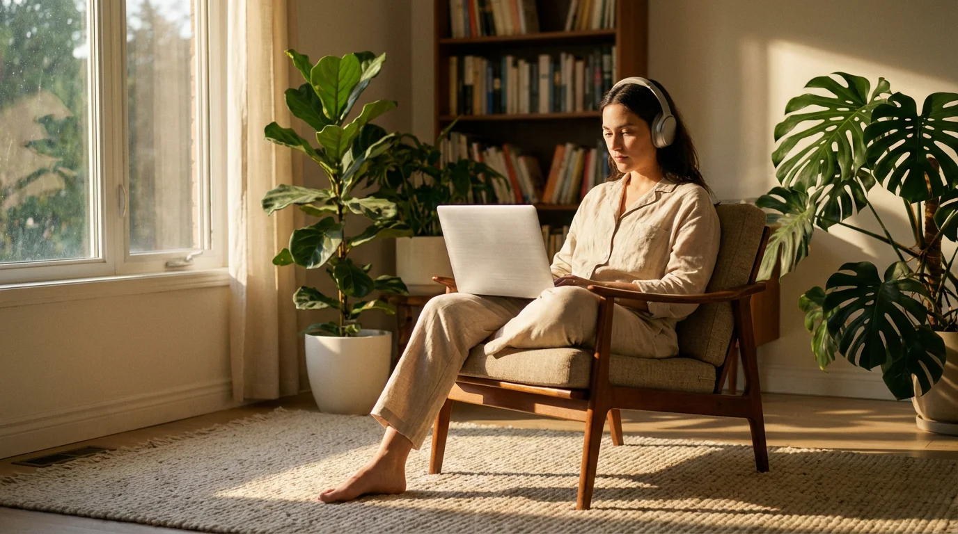 Person sitting in a sunny modern living room using a laptop for a digital checkup.
