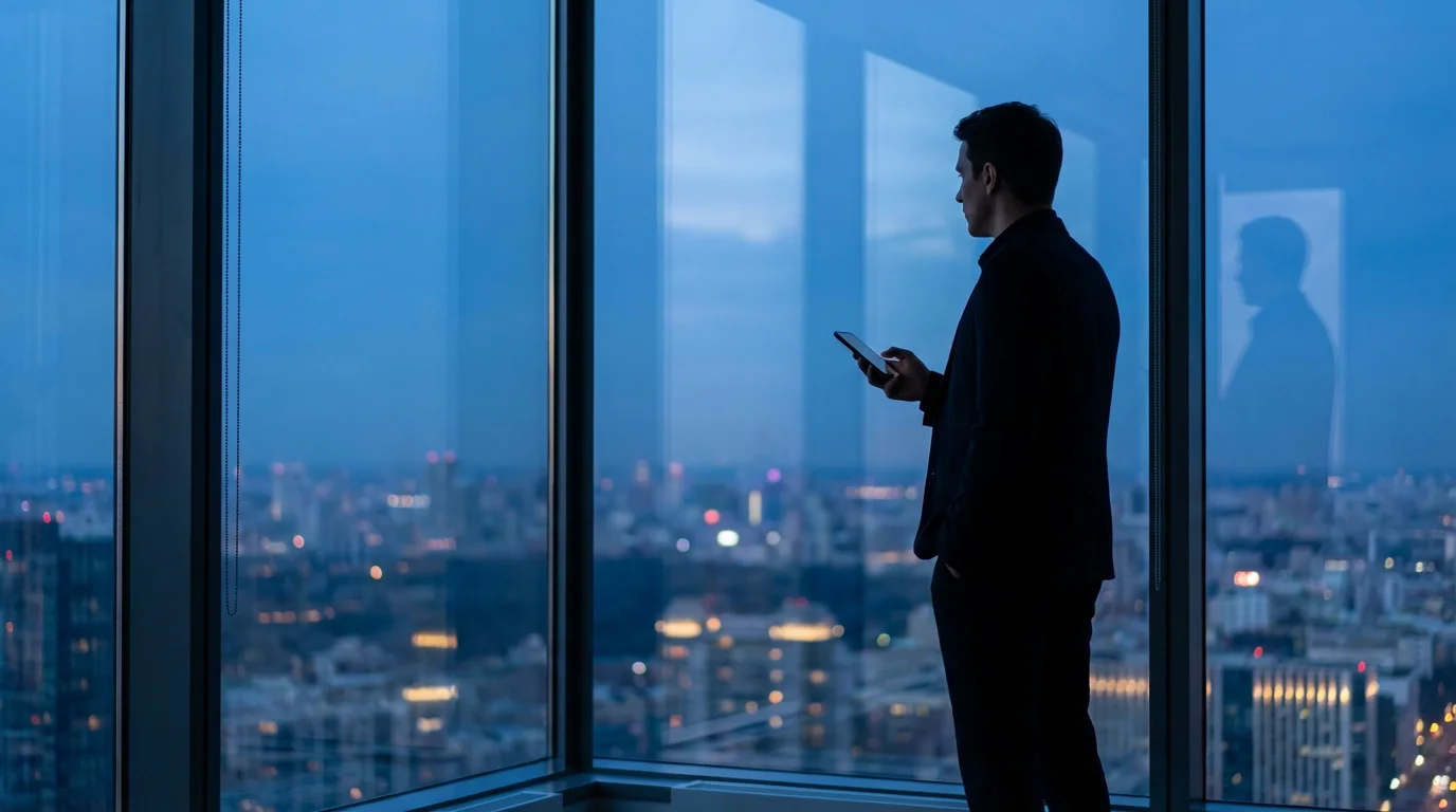Person standing by window during blue hour holding phone with city skyline background.