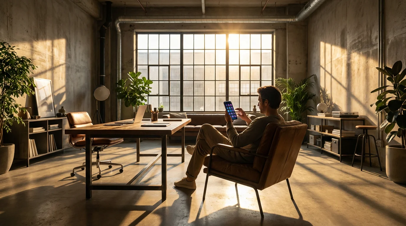 Person swiping through smartphone apps in a sunlit industrial loft with dramatic shadows.