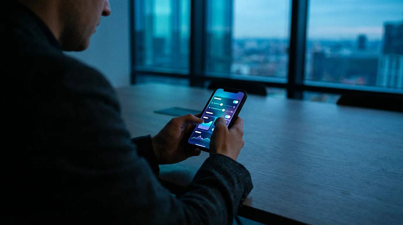 Person troubleshooting a technical problem on a smartphone at night using a bright screen.