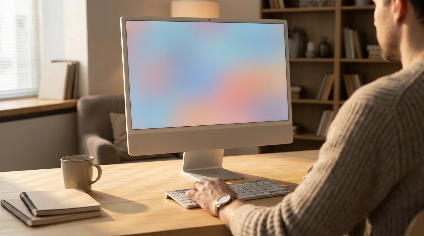 Person troubleshooting computer issue at desk with soft morning lighting over shoulder view