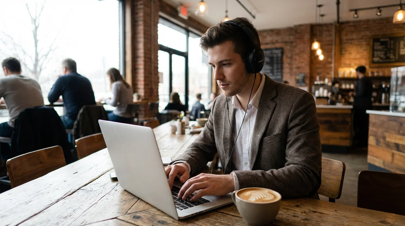 Person using a laptop at a public coffee shop table with natural window lighting.