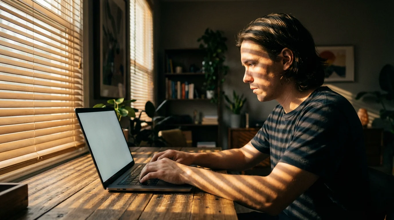 Person using a laptop in a home office with dramatic afternoon lighting and shadows.