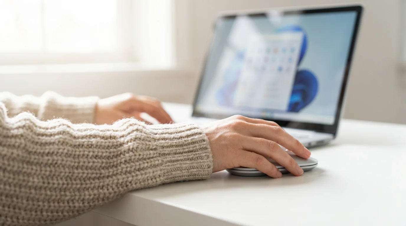 Person using a mouse to adjust computer settings on a laptop in a bright office.