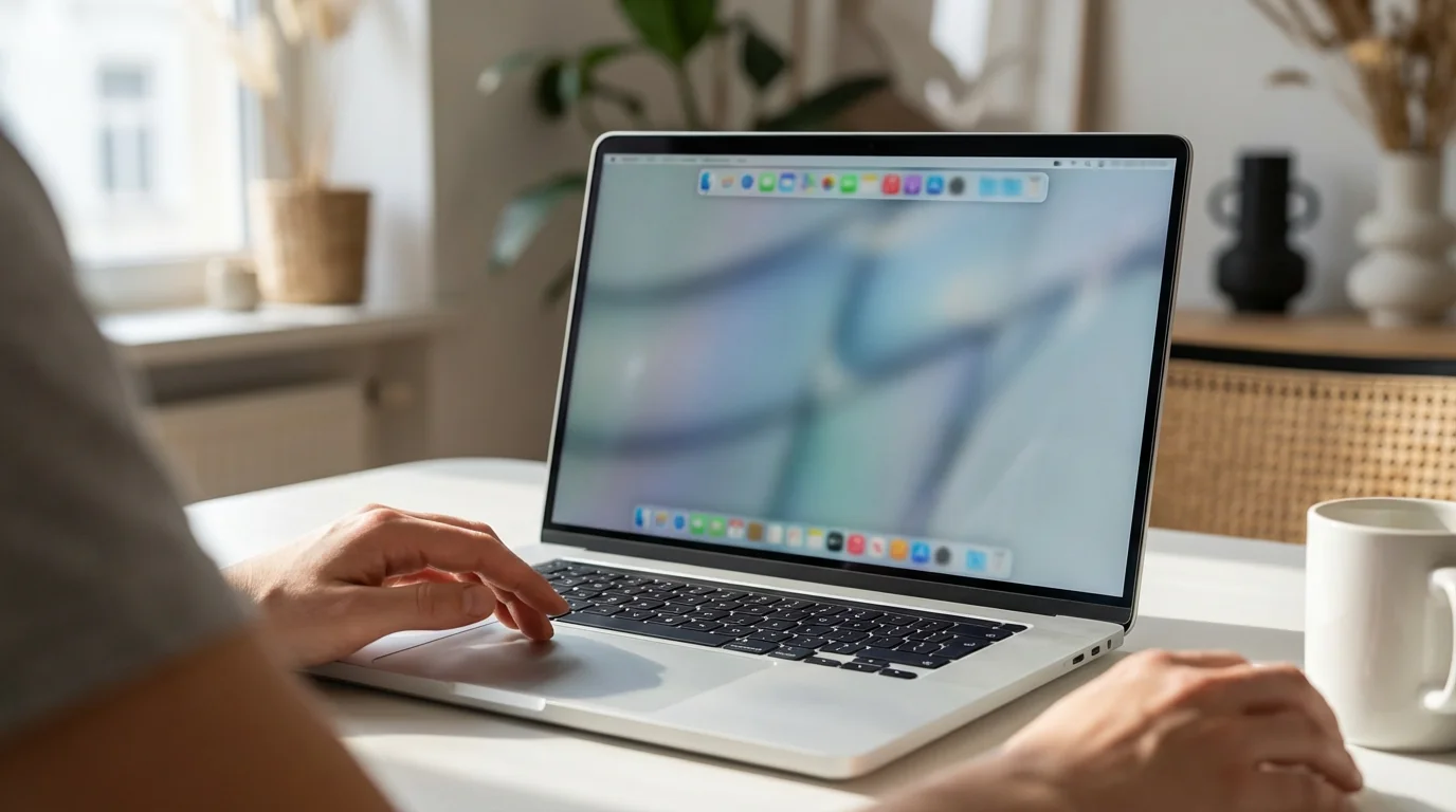 Person using a silver laptop with a blurred top menu bar in morning light.