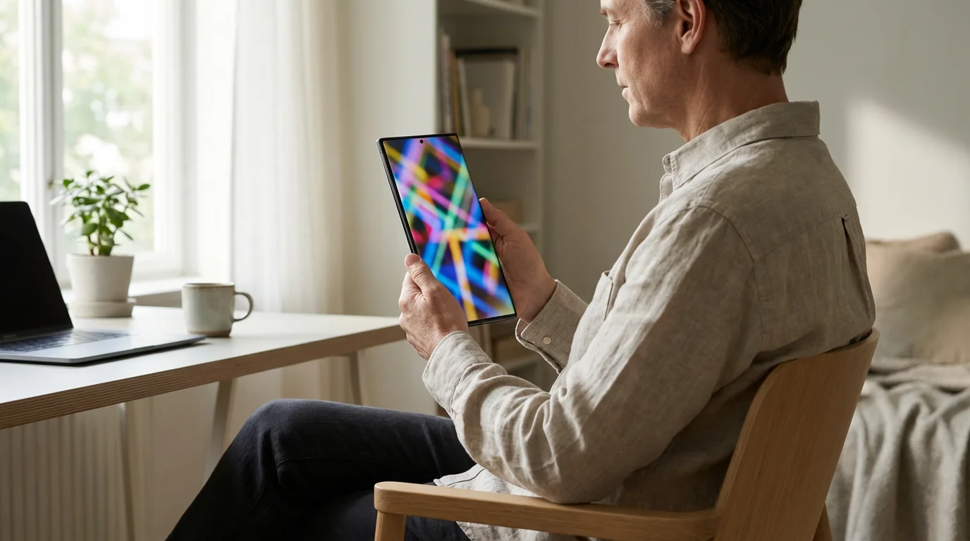 Person using a smartphone's magnification feature in a comfortable, brightly lit home setting.