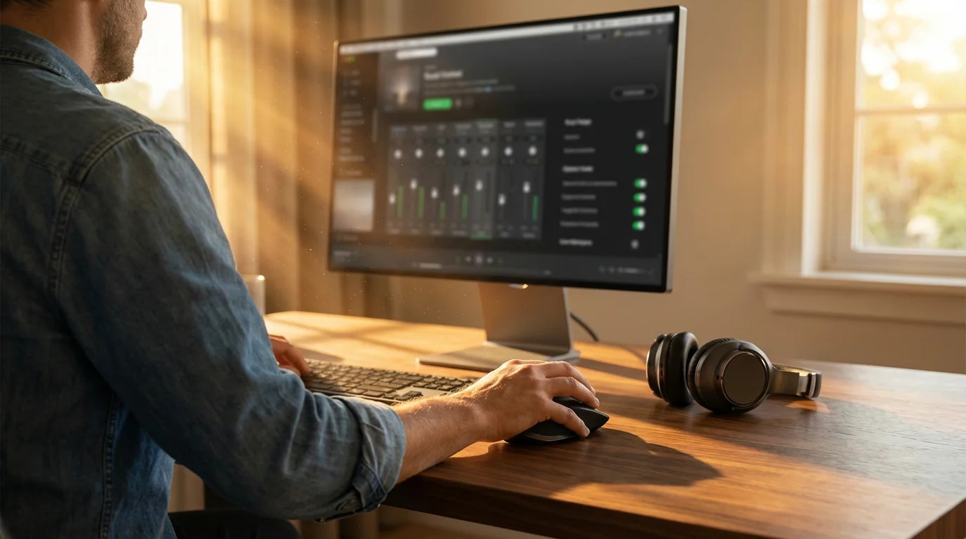 Person using computer mouse at wooden desk with headphones nearby during golden hour sunset.