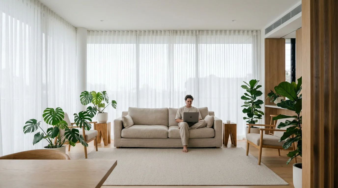 Person using laptop in a clean, bright minimalist living room.