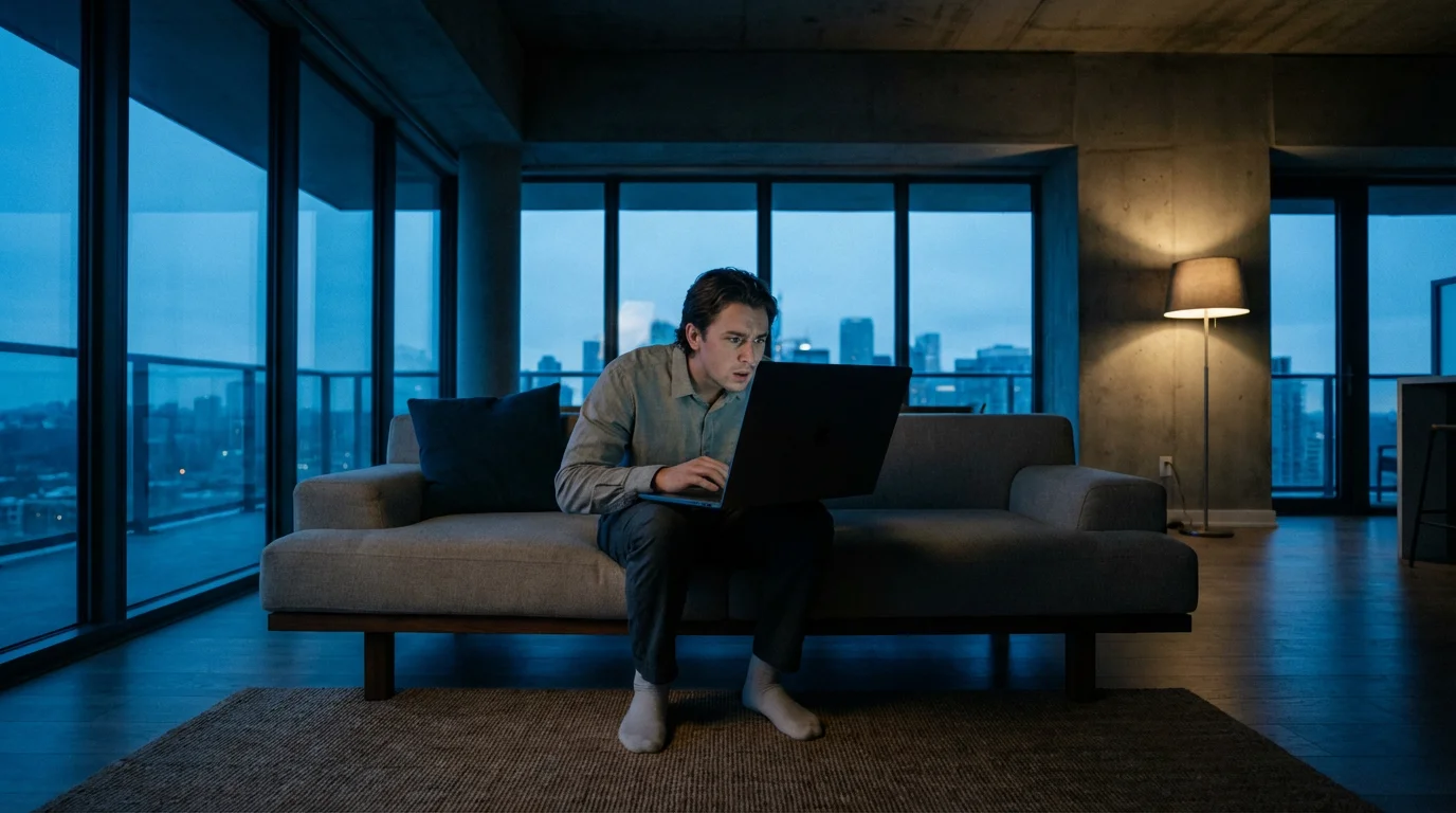 Person using laptop in dark living room to secure compromised online account.