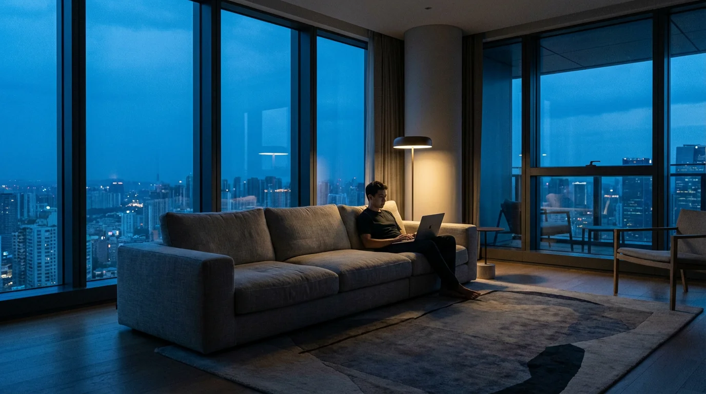 Person using laptop in modern city apartment during blue hour twilight