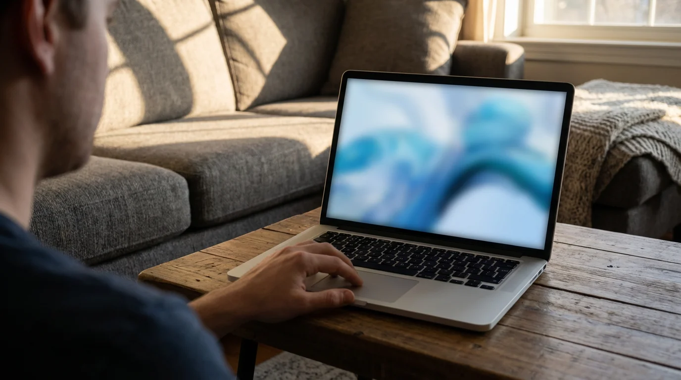Person using laptop in moody lighting to adjust social media privacy settings securely.