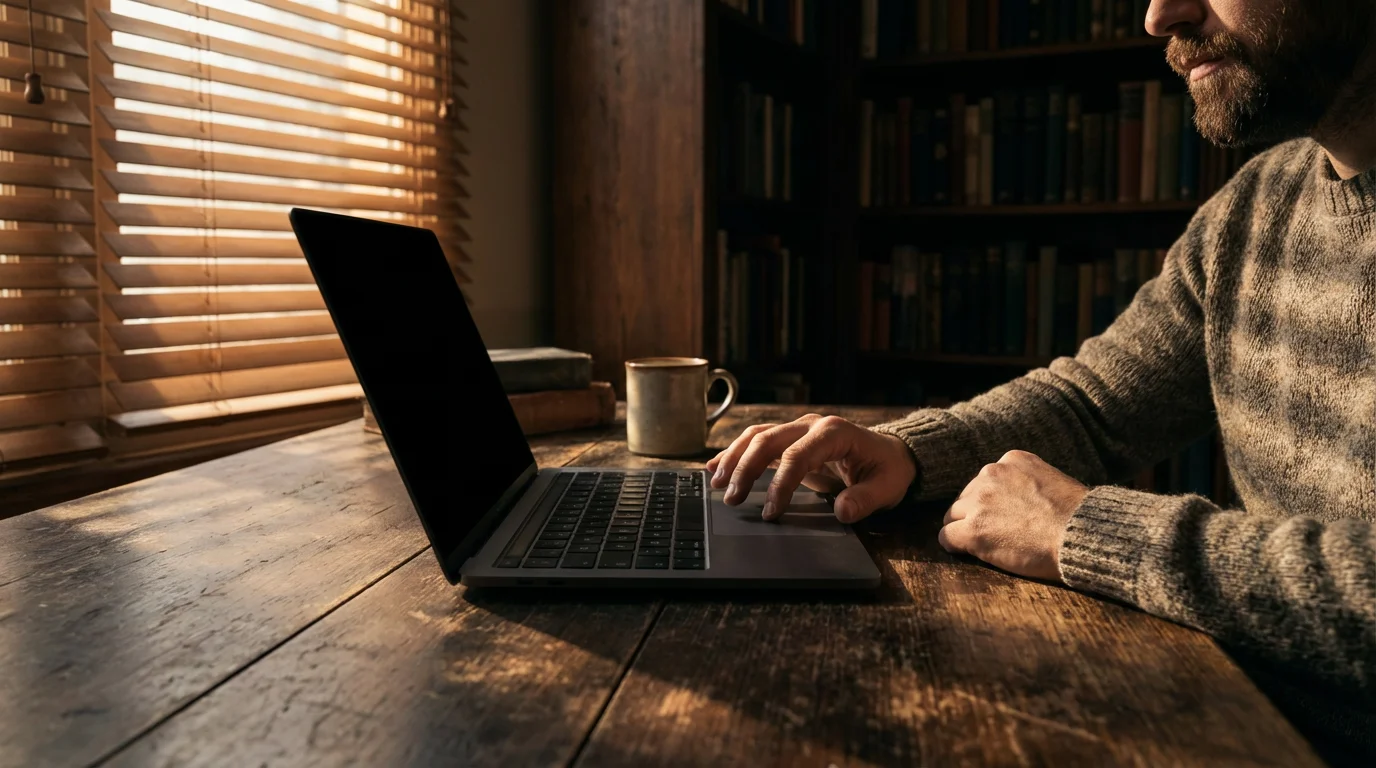 Person using laptop in moody lighting to edit online profile privacy settings.