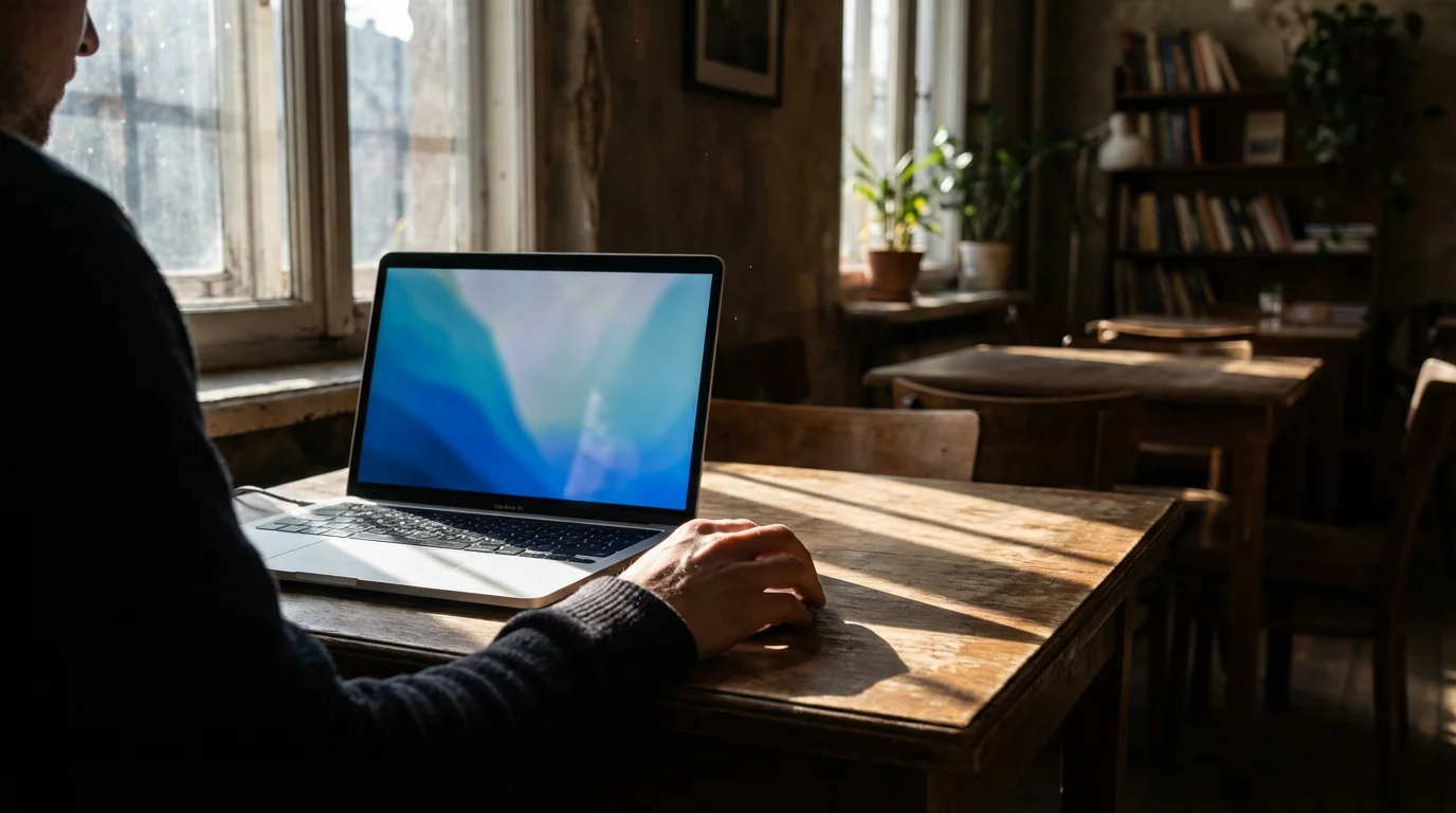 Person using laptop in sunlit cafe with moody lighting representing browser privacy.