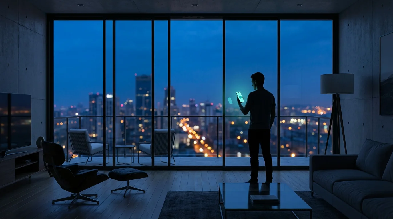 Person using smartphone in high-rise apartment at twilight with city skyline background.