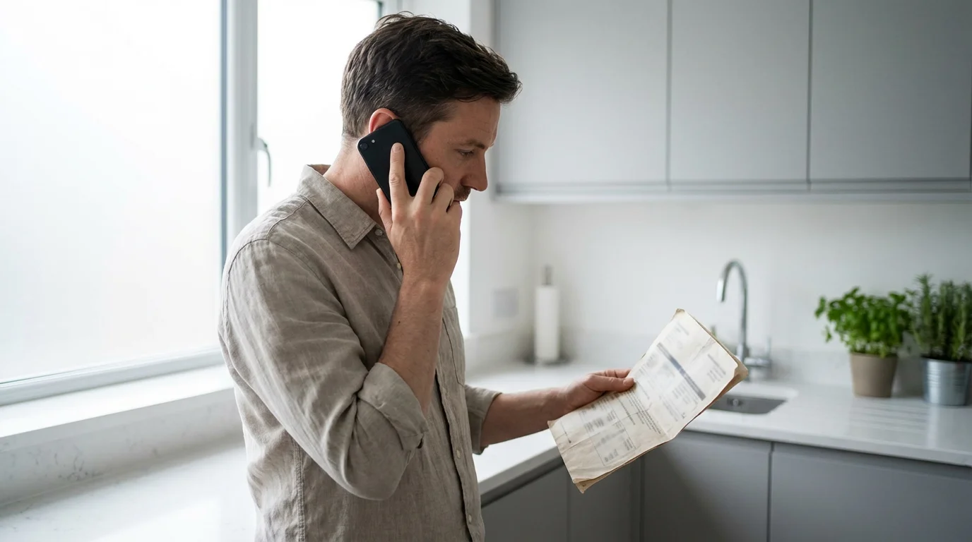 Person verifying contact information on a paper document while making a phone call.