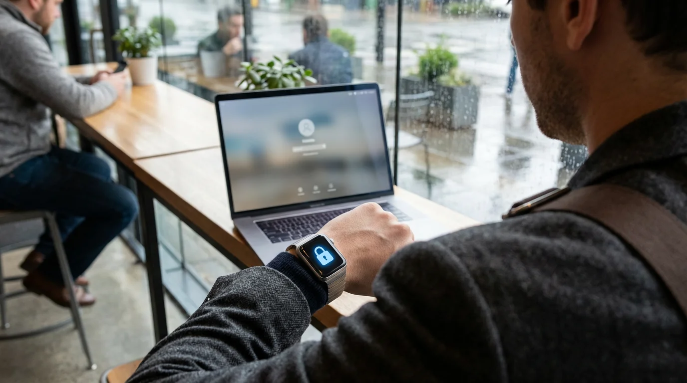 Person verifying security login on a smartwatch while using a laptop in a cafe