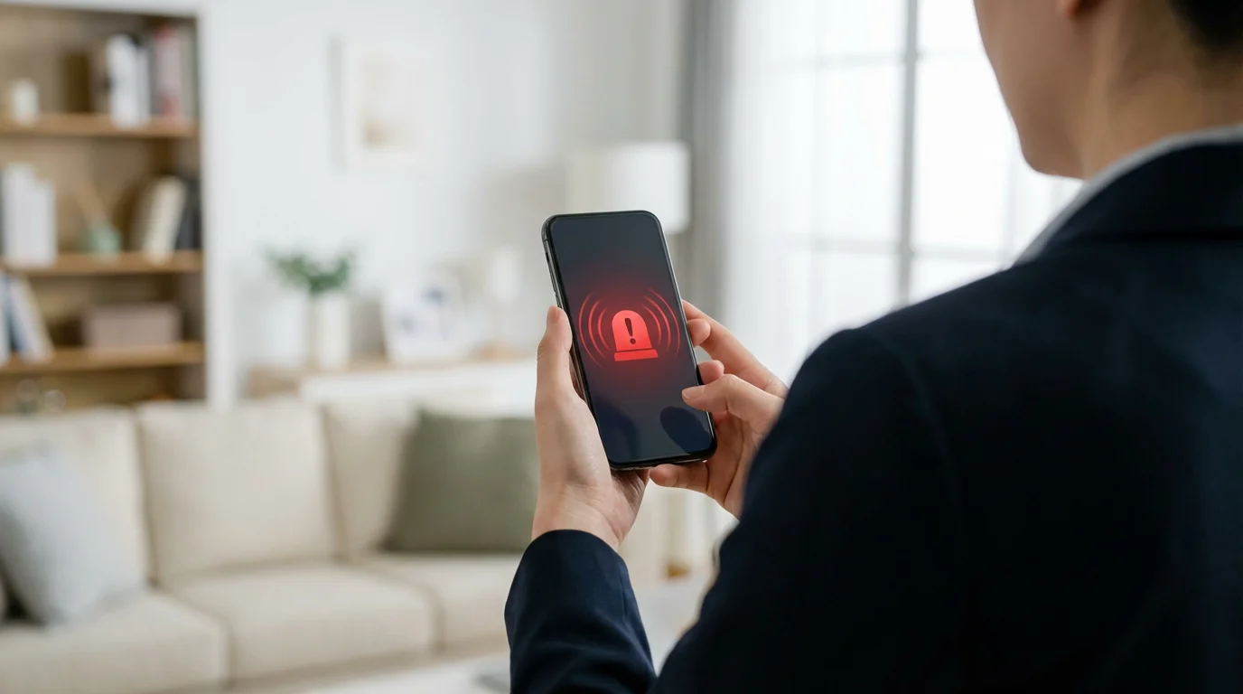 Person viewing a suspicious red alert notification on a smartphone screen.