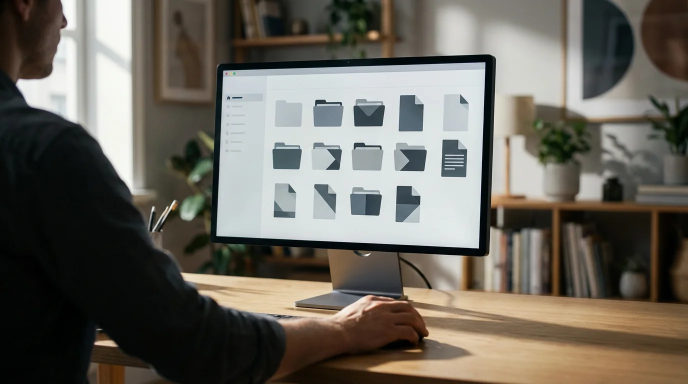 Person viewing organized folder icons on a computer screen in a bright office.