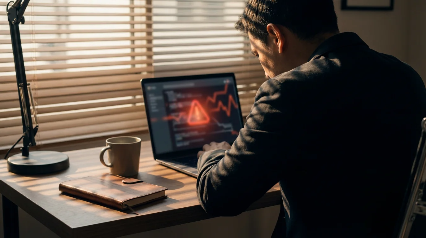 Person viewing suspicious email on laptop in moody lighting