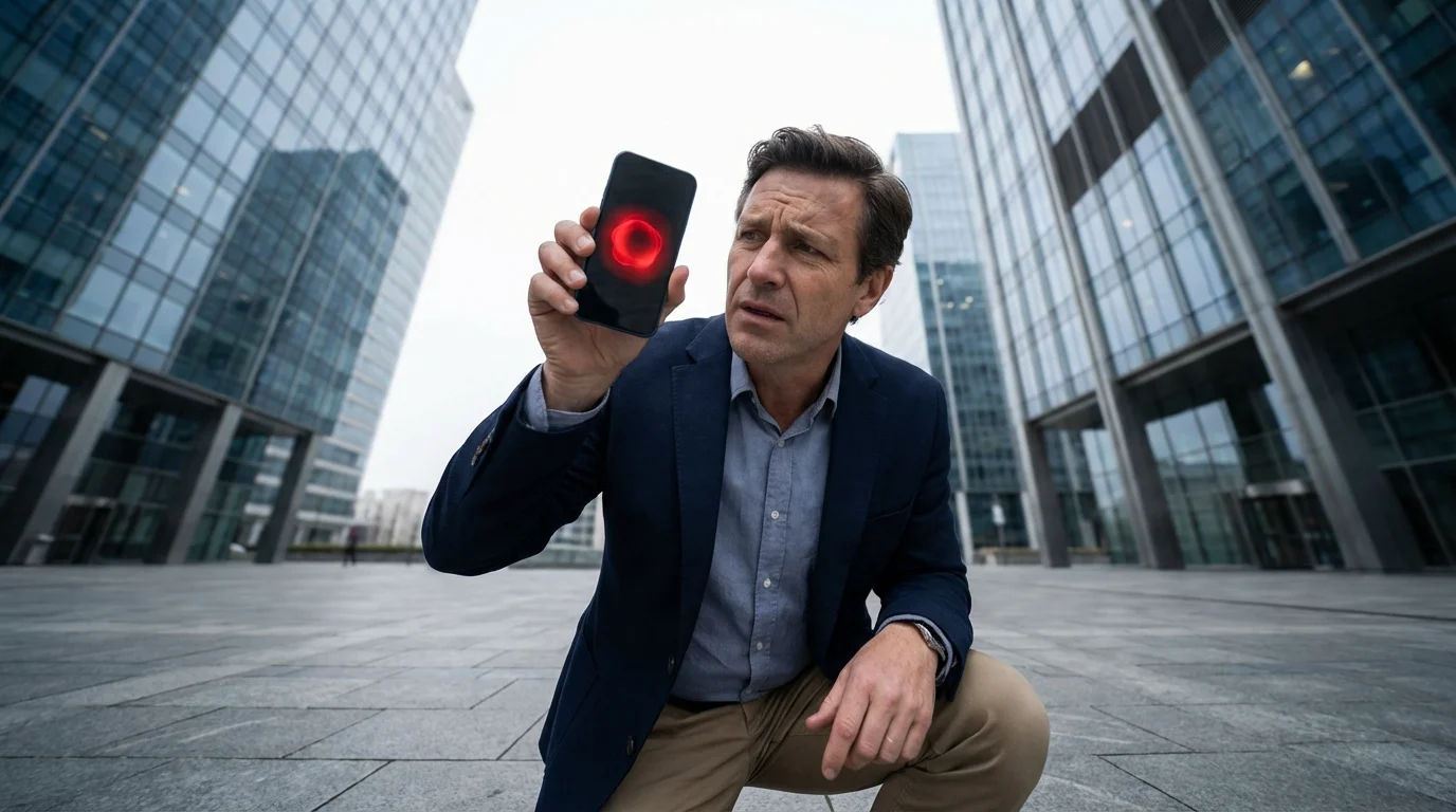 Person viewing urgent notification on smartphone outdoors in city with skyscrapers low angle.