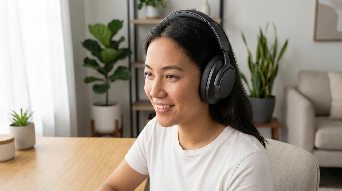 Person wearing headphones in a sunlit home office testing computer sound settings.