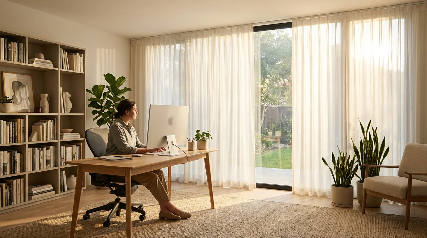 Person working at a clean home office desk with a computer in soft morning light.