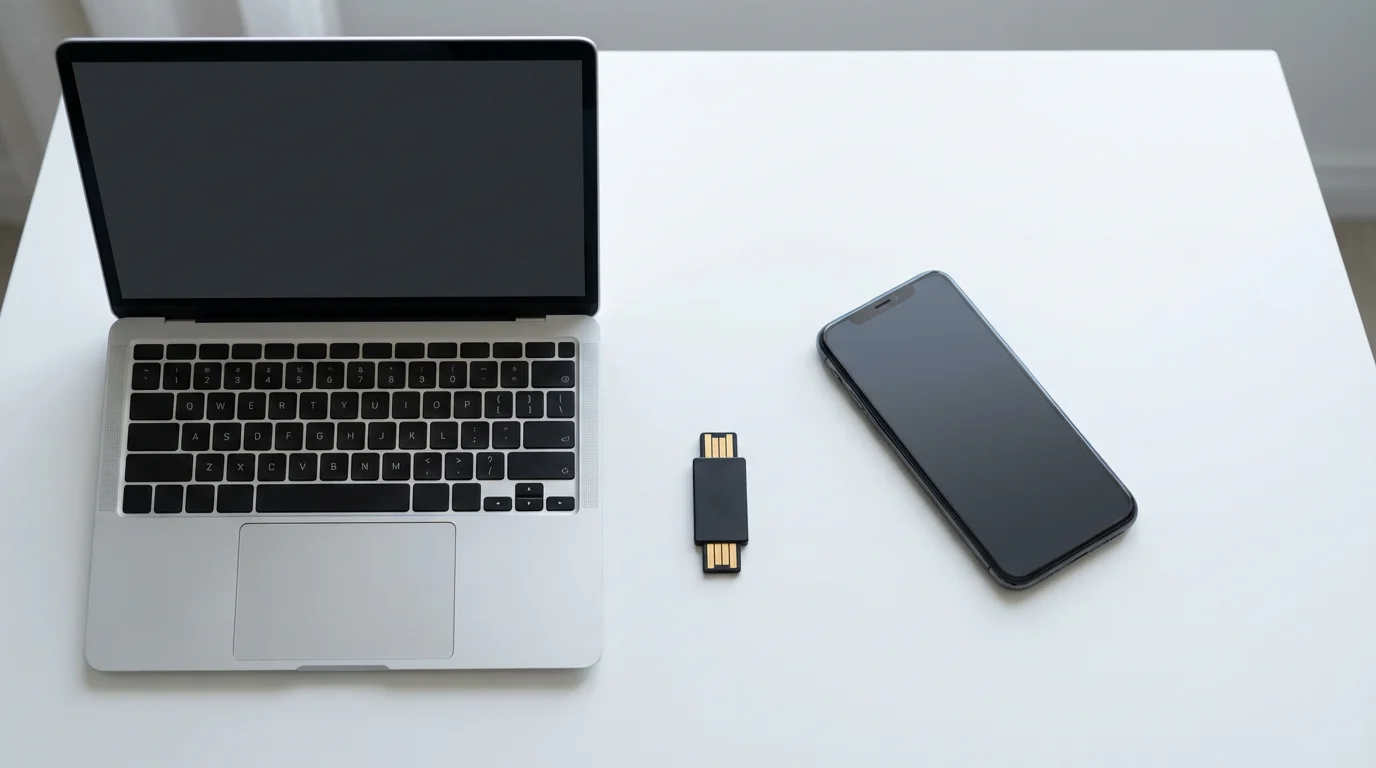 Physical USB security key resting on a white desk next to a laptop and smartphone.
