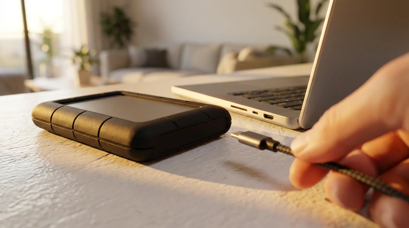 Rugged external hard drive and USB cable next to laptop on desk at sunset