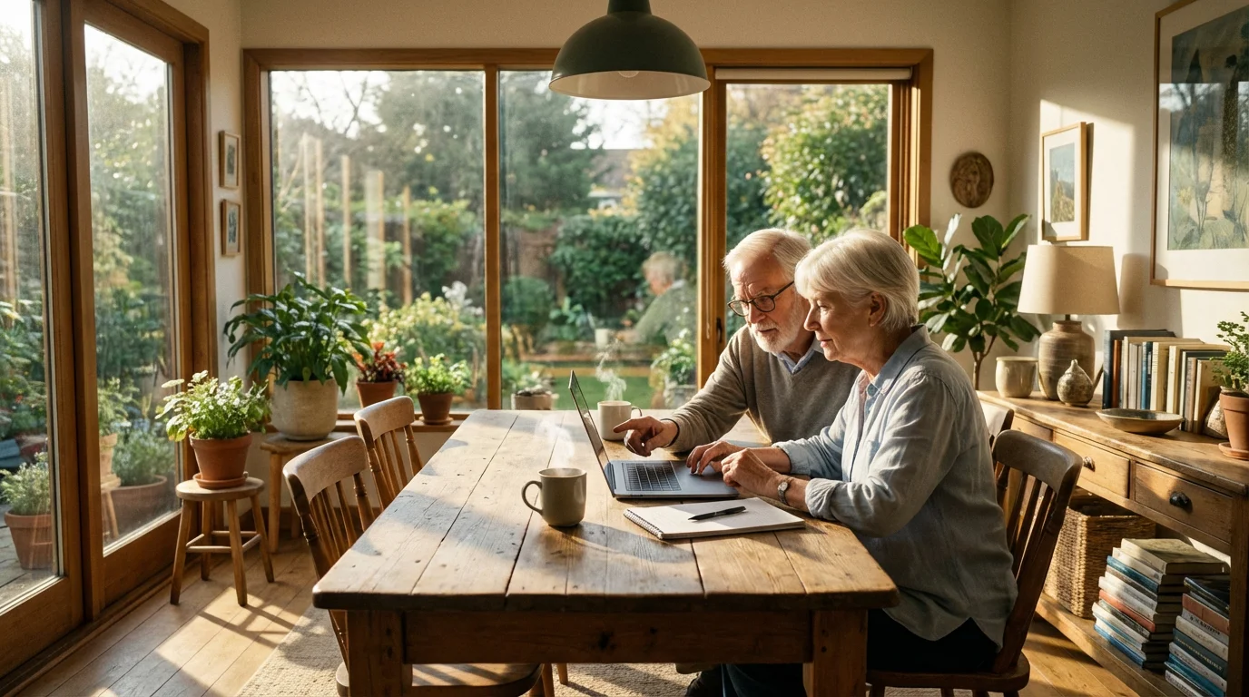 Senior couple sitting at a dining table troubleshooting laptop settings in soft morning light.