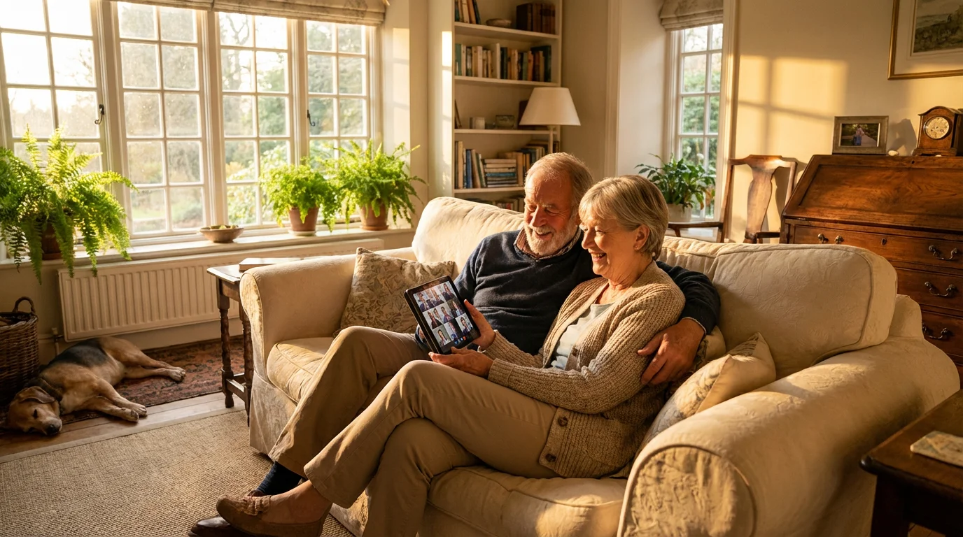 Senior couple sitting on a sofa using a tablet during golden hour.