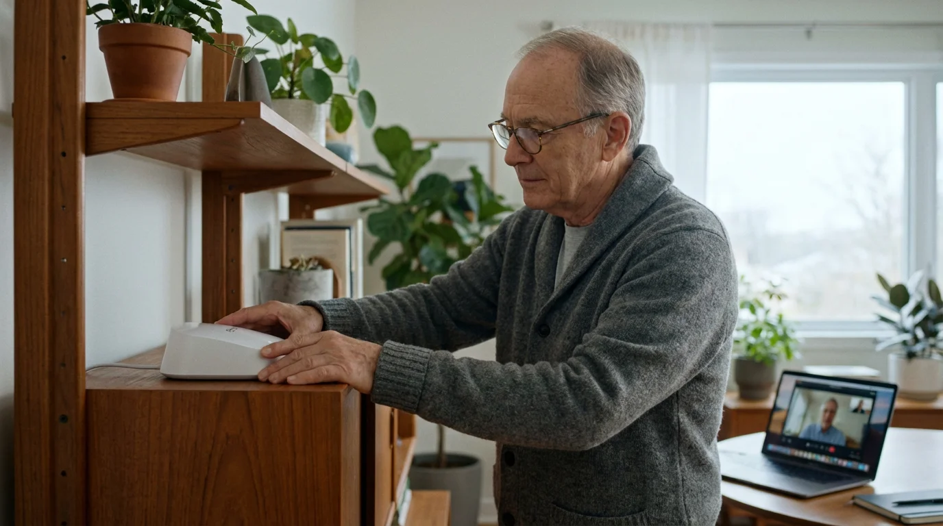 Senior man adjusting a Wi-Fi router on a shelf to improve internet connection.