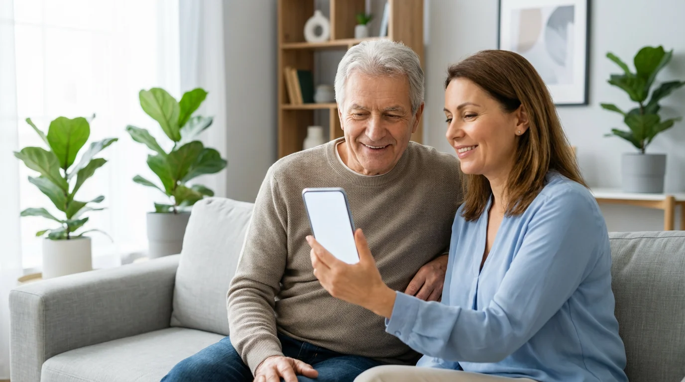 Senior man and adult daughter looking at a smartphone screen together on a sofa.