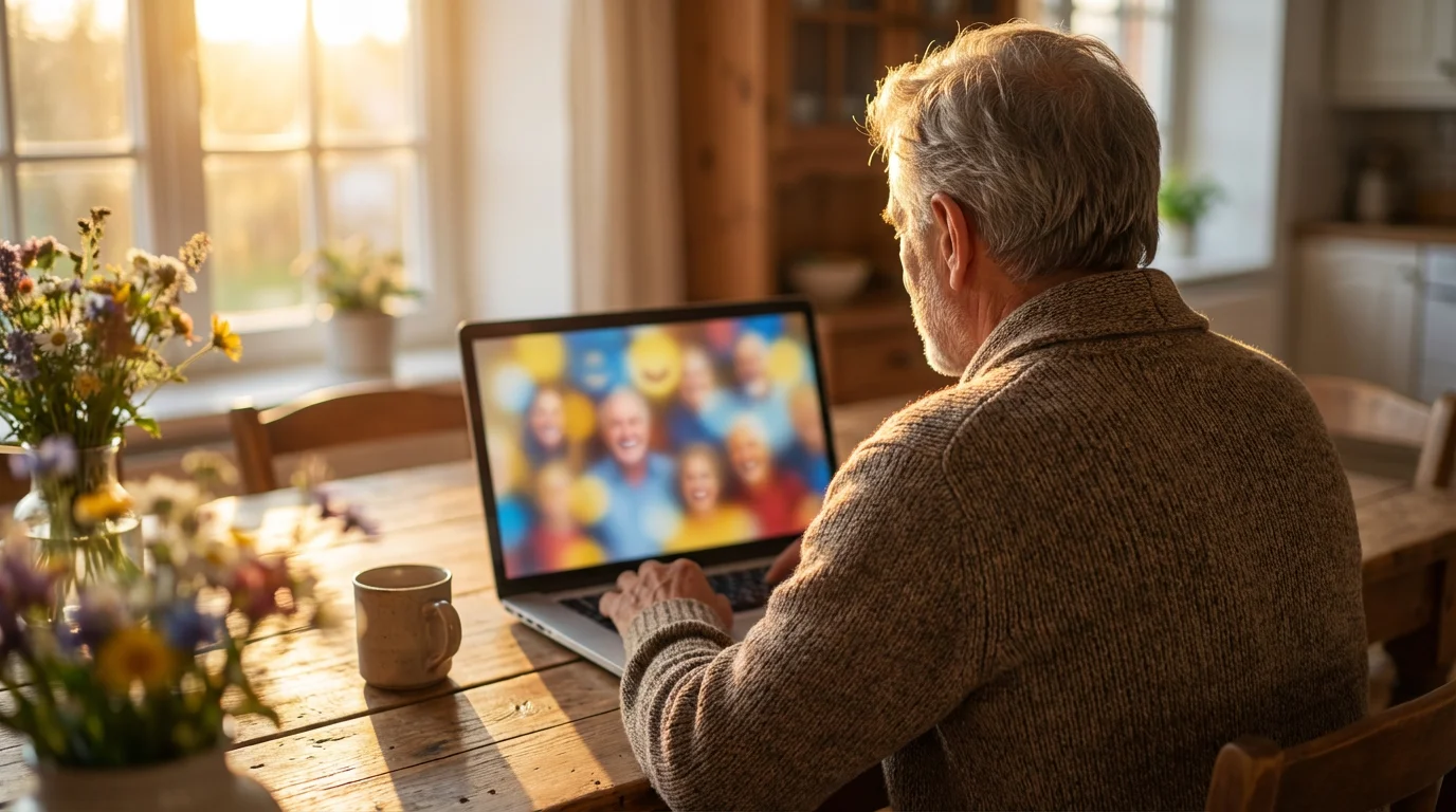 Senior man video calling family on laptop at dining table during sunset.