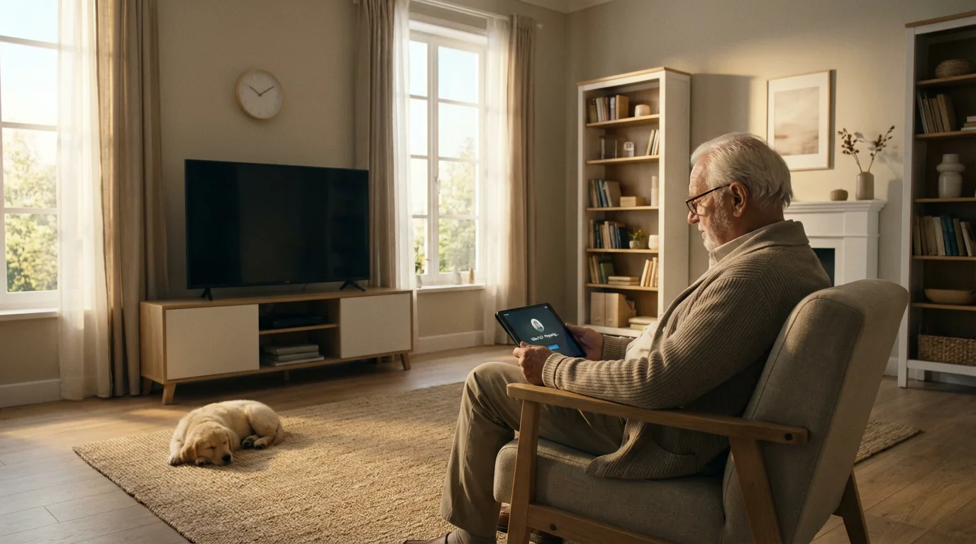 Senior man video calling in quiet room with sleeping dog and turned-off TV.
