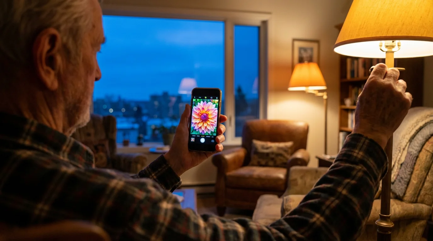 Senior man viewing photo on smartphone near window during blue hour evening.