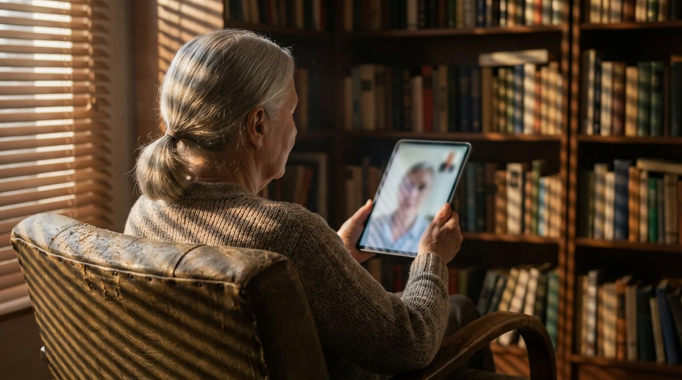 Senior woman holding a tablet for a video call in a moody, sunlit room.