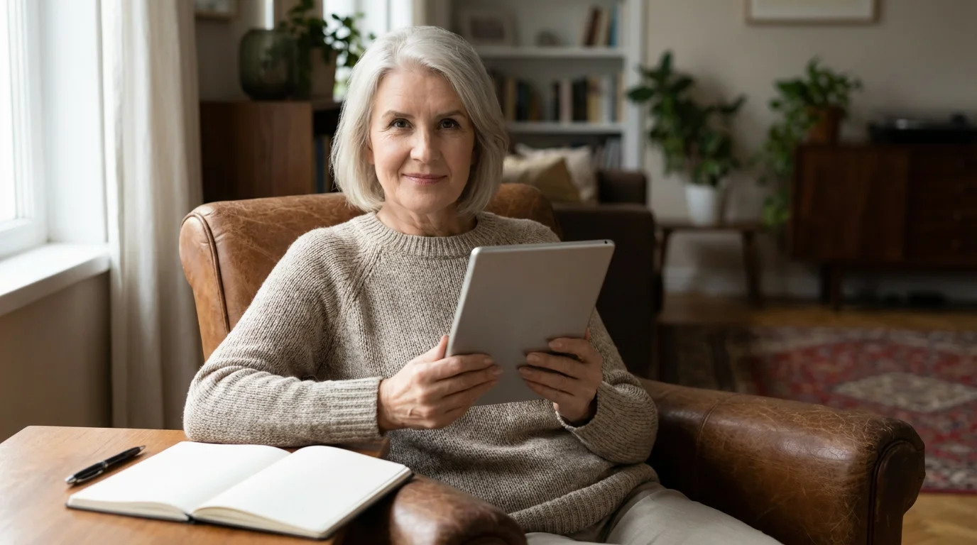 Senior woman holding a tablet in a sunny room, looking informed and reassured.