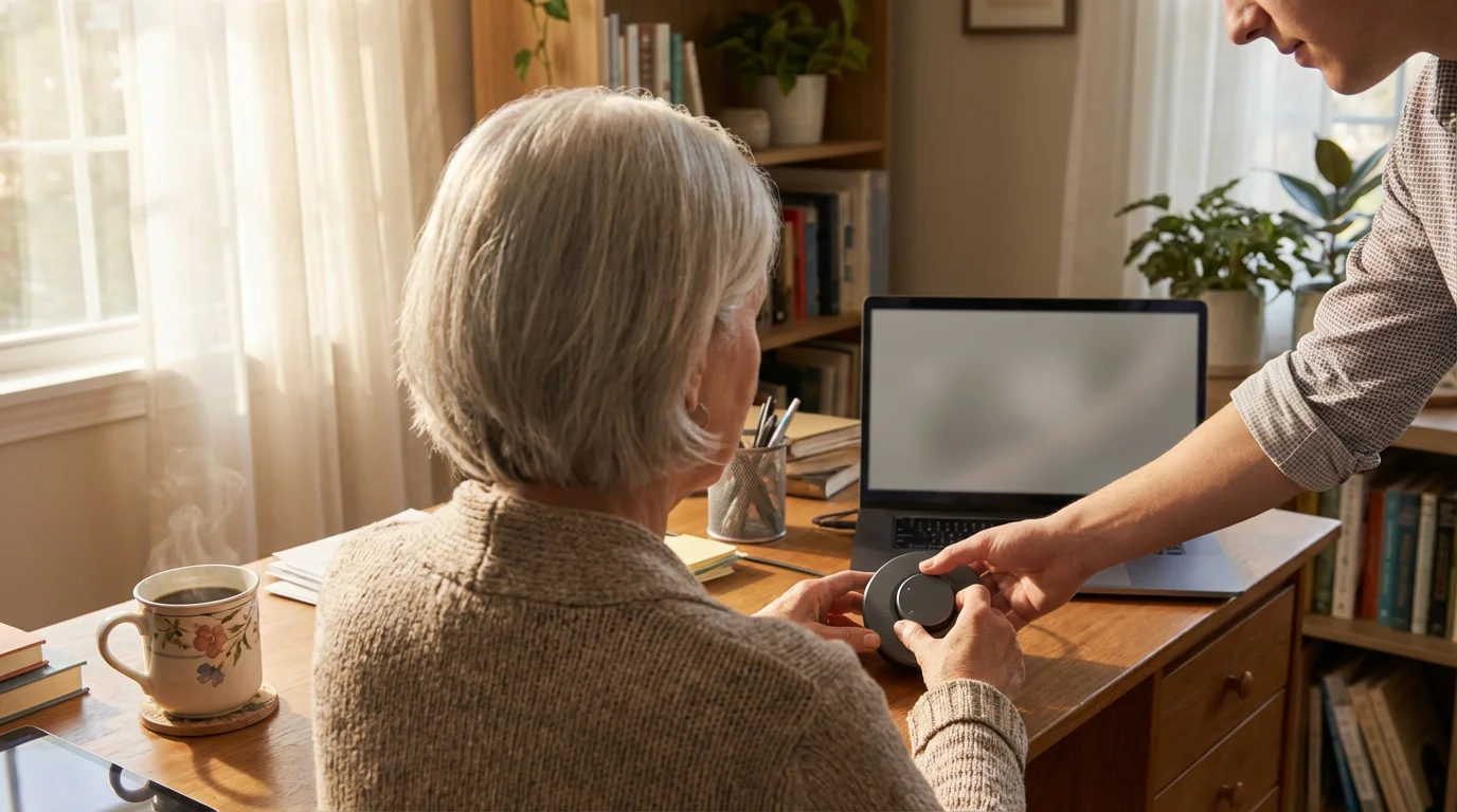 Senior woman receiving help with computer speakers from a family member in a home office